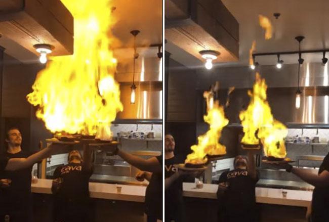 Biểu diễn múa lửa trên món ăn nhưng không ngờ kích hoạt hệ thống chống cháy