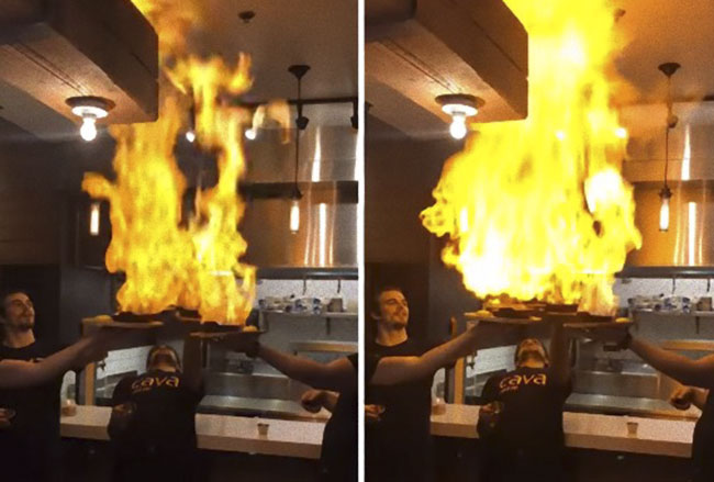 Biểu diễn múa lửa trên món ăn nhưng không ngờ kích hoạt hệ thống chống cháy